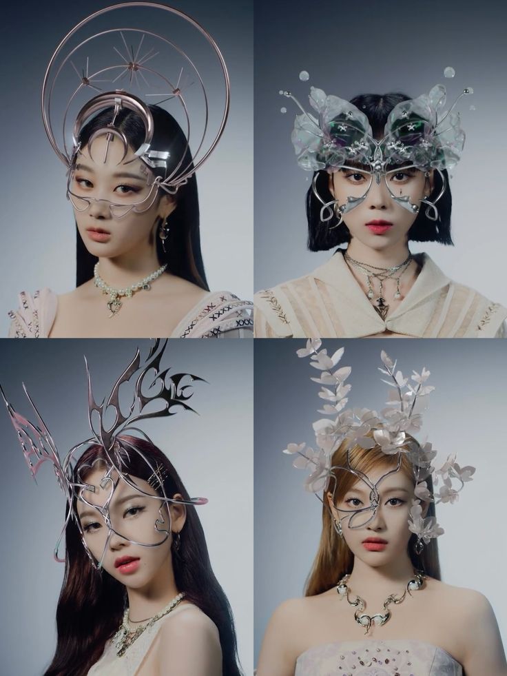 four different pictures of women wearing headdress and hair accessories, all with silver leaves on their foreheads