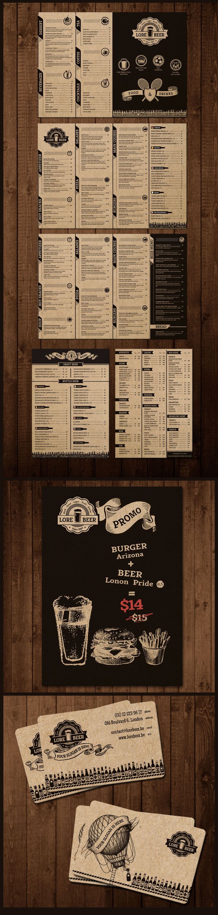 the menu design is shown in black and white, with wood paneling behind it