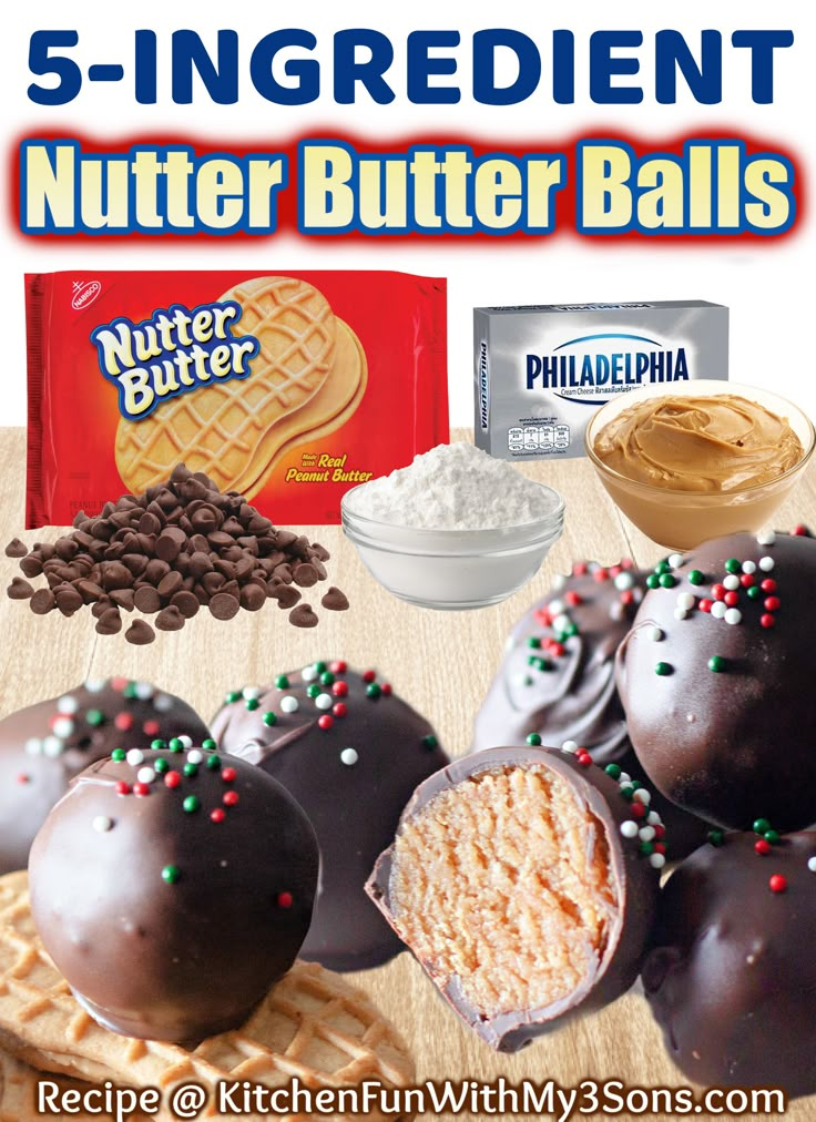 chocolate covered peanut butter balls with sprinkles and other ingredients on a wooden table