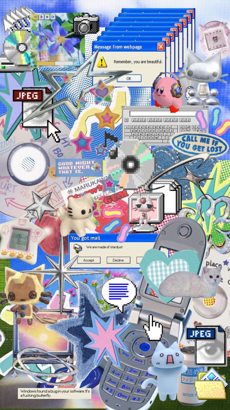 the collage has many different items on it, including an elephant and other things