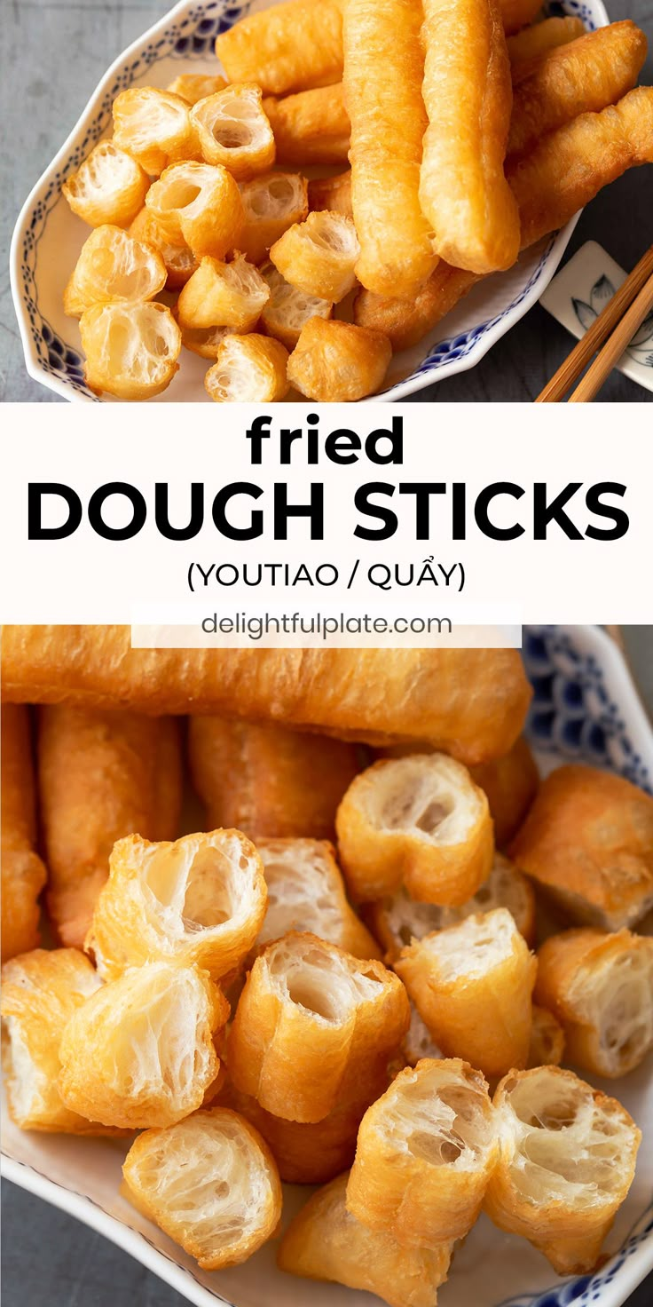 fried dough sticks in a blue and white bowl with chopsticks on the side