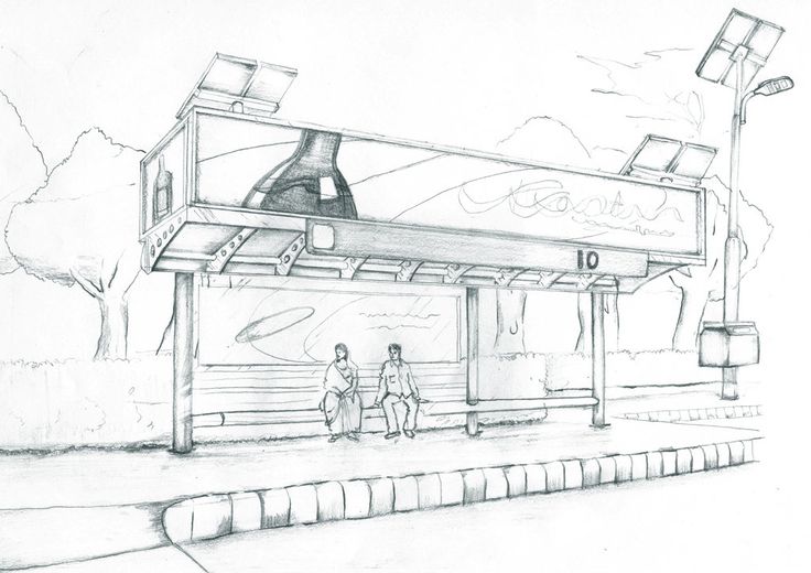 a drawing of two people sitting on a bench in front of a bus stop sign