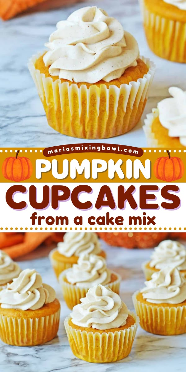 Pumpkin cupcakes from a cake mix are easy to make and full of classic fall flavor with a cinnamon cream cheese frosting. Pumpkin Cupcakes With Yellow Cake Mix Easy, Pillsbury Pumpkin Cupcakes, Pumpkin Flavored Cake, Vanilla Pumpkin Cupcakes, Pumpkin Cake Mix Cupcakes, Pumpkin Muffins Using Yellow Cake, Pumpkin Cupcakes Box Cake, Spice Cake Mix And Pumpkin Cupcakes, Pumpkin Cupcakes With Spice Cake Mix Easy