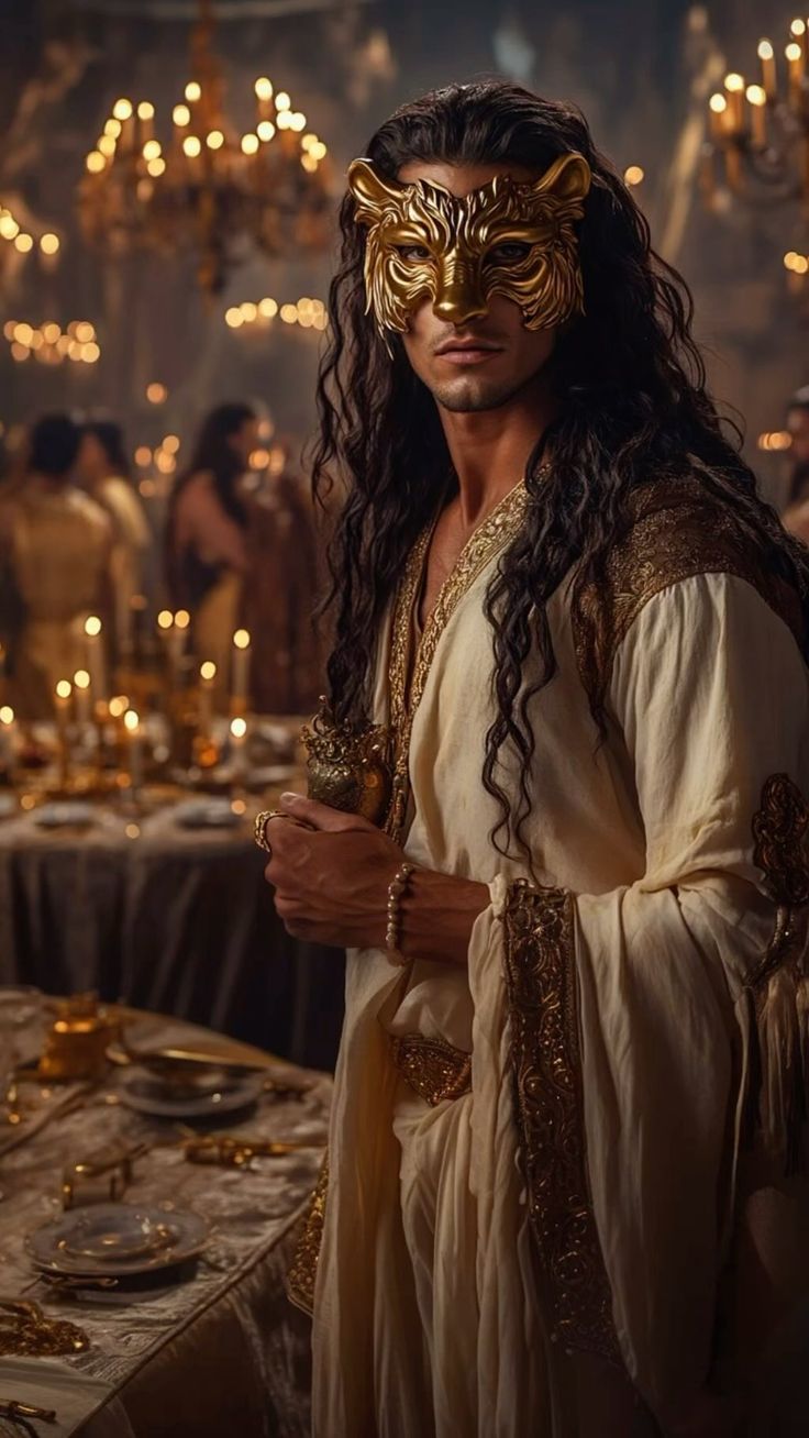 a man with long hair wearing a gold mask and dress in front of a table