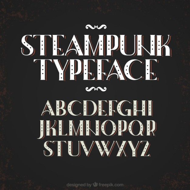 the steampunk typeface is shown with different font and numbers on black background