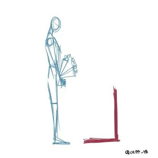 a drawing of a person standing next to a red object