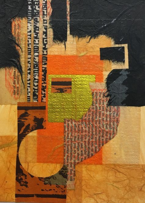 an abstract painting with black, orange and yellow colors