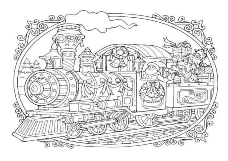 a black and white drawing of a train with christmas decorations on the front, in an oval frame