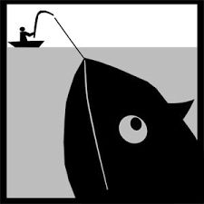 a black and white image of a cat with a fishing hook in its mouth looking at a man on a boat