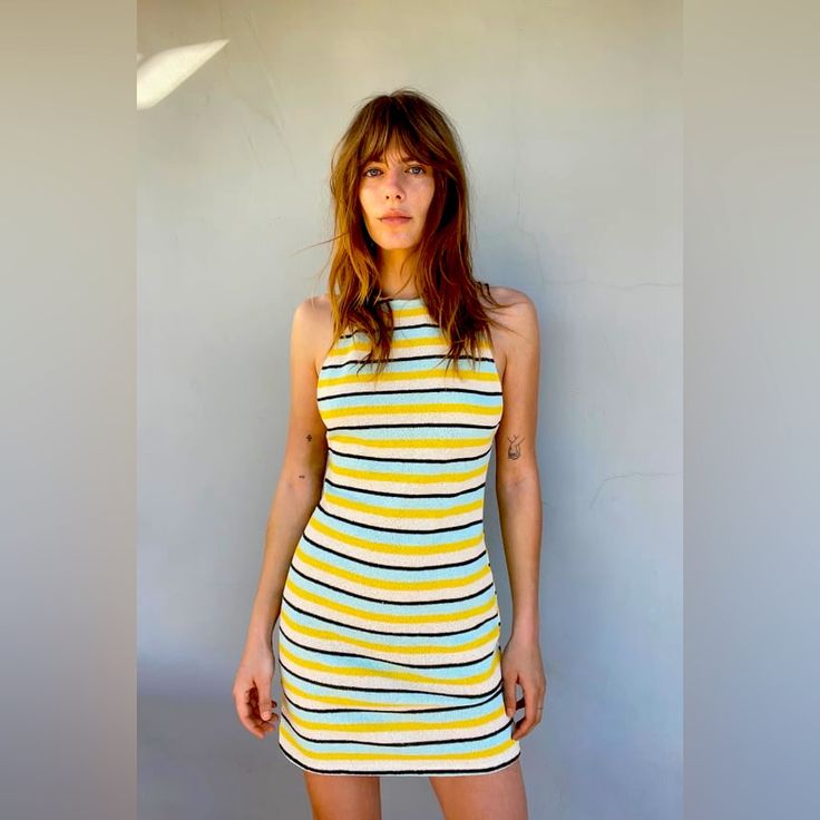 Bright Stripe Dress, Great For Summer Or A Vacation! Trendy Striped Cotton Dresses, Zara Casual Bodycon Dress For Spring, Trendy Striped Mini Dress For Day Out, Casual Yellow Bodycon Dress For Spring, Trendy Yellow Bodycon Dress For Spring, Yellow Bodycon Casual Dress, Trendy Striped Bodycon Dress For Spring, Striped Stretch Bodycon Dress For Summer, Striped Stretch Summer Dresses