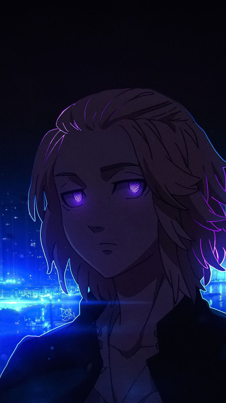 an anime character with purple eyes and long hair in front of a cityscape