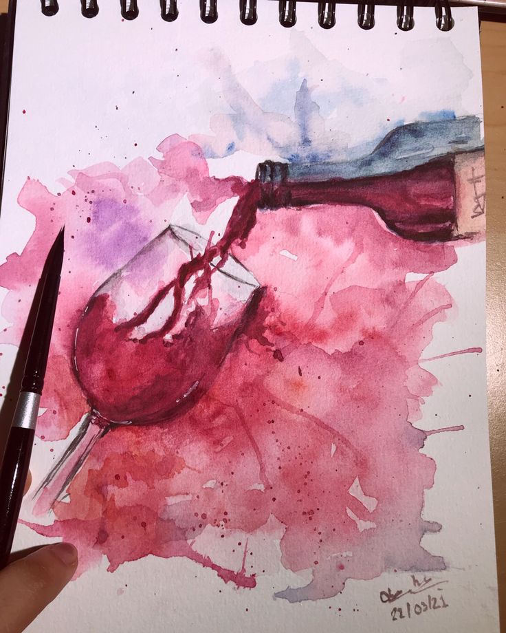 a drawing of a glass of wine being filled with red liquid by a person's hand