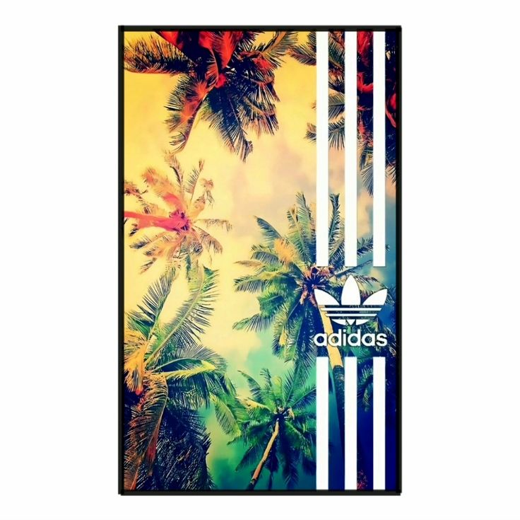 an adidas poster with palm trees and the colors of blue, yellow, red, white