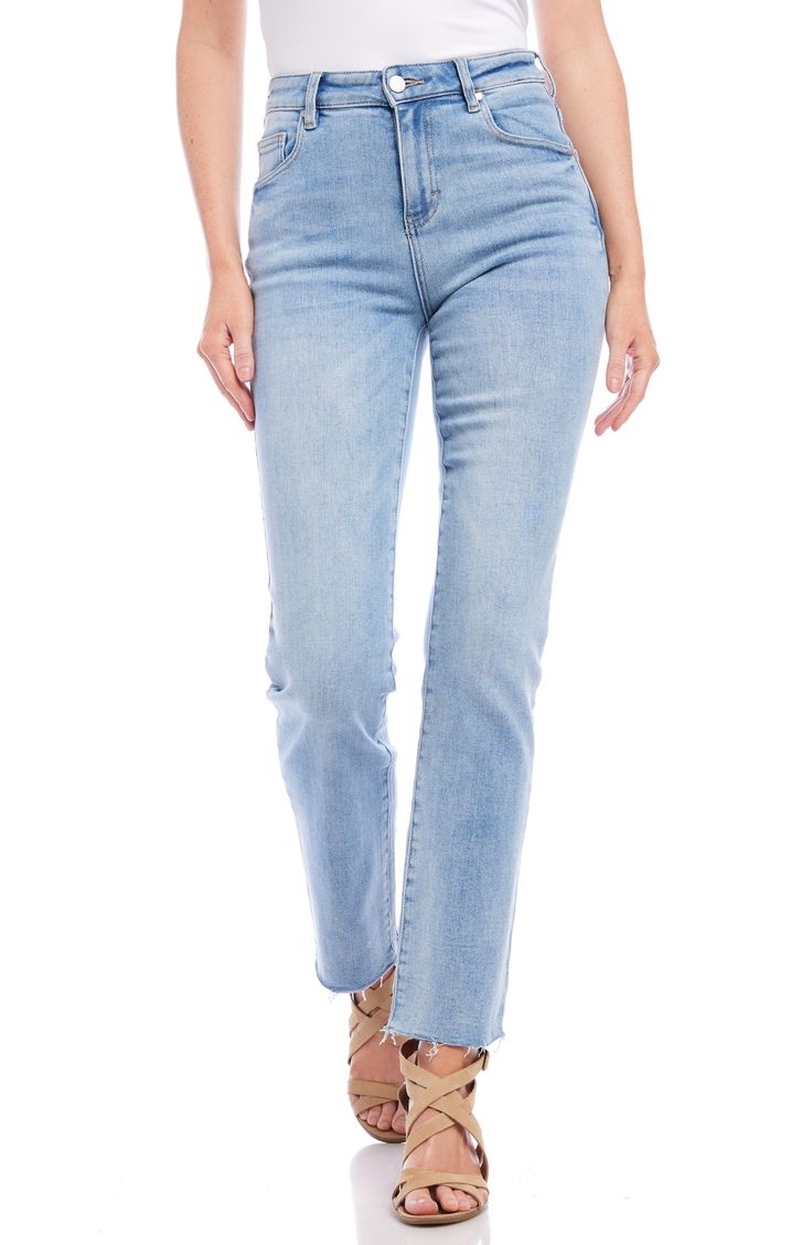 Frayed raw hems, fading and whiskering give these stretch-kissed jeans a well-loved vibe that will make them an instant favorite. 30" inseam; 15 3/4" leg opening; 11 3/8" front rise; 15" back rise (size 8) 93% cotton, 5% polyester, 2% spandex Machine wash, tumble dry Imported Medium Wash Straight Bottoms With Frayed Hem, Straight Bottoms With Frayed Hem In Medium Wash, Straight Bottoms With Medium Wash And Frayed Hem, Straight Fit Bottoms With Frayed Hem In Medium Wash, Stretch Light Wash Jeans With Frayed Hem, Straight Bottoms With Frayed Hem For Spring, Spring Straight Bottoms With Frayed Hem, Blue Straight Jeans With Frayed Hem, Medium Wash Straight Cropped Jeans With Frayed Hem