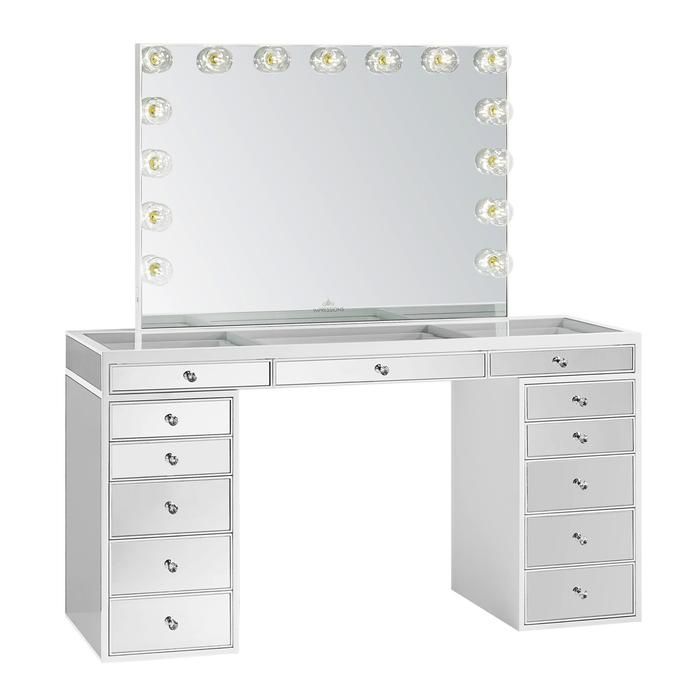 an image of a vanity with lights on the top and bottom drawers in front of it