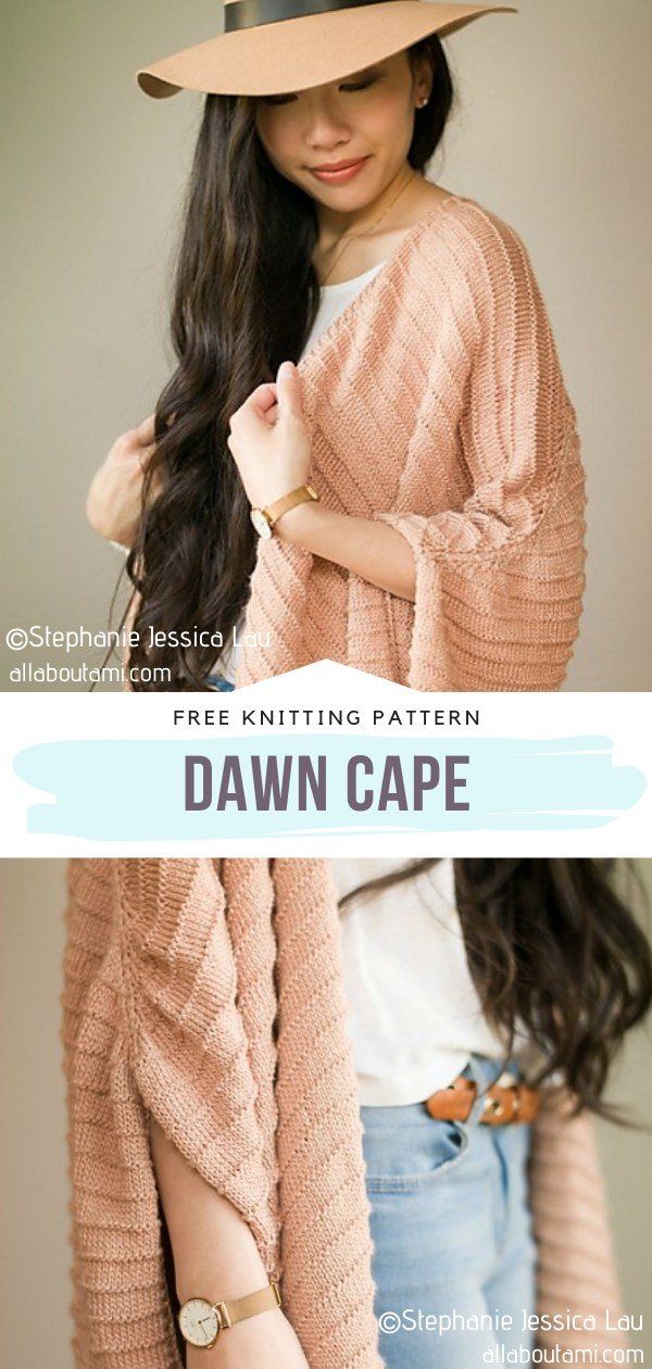 a woman wearing a hat and cardigan with the text free knitting pattern dawn cape