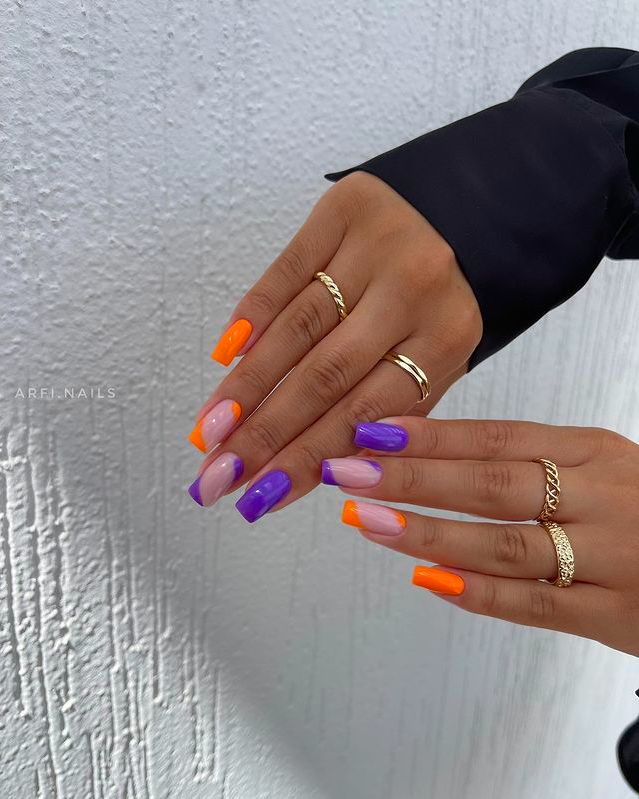 Cute Summer Nails 2023, Purple Orange Nails, Orange And Purple Nails, Purple And Orange Nails, Summer Nails 2023, Summer Nail Designs, Bright Summer Nails, Simple Acrylic Nails, Cute Summer Nails