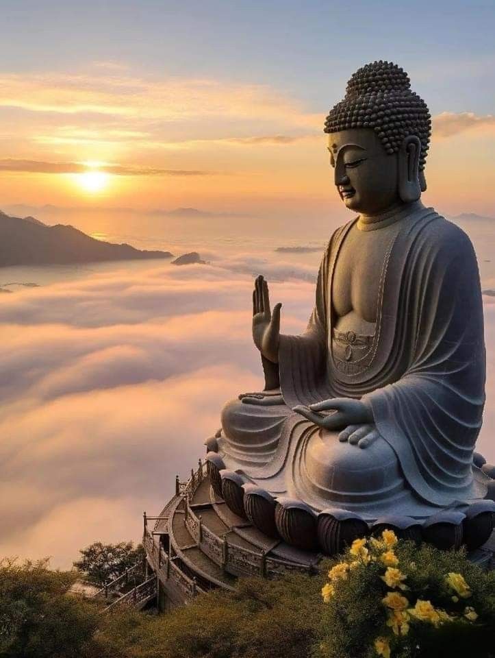 a buddha statue sitting on top of a hill with the sun setting in the background