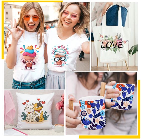 the collage shows two girls wearing t - shirts and holding coffee mugs