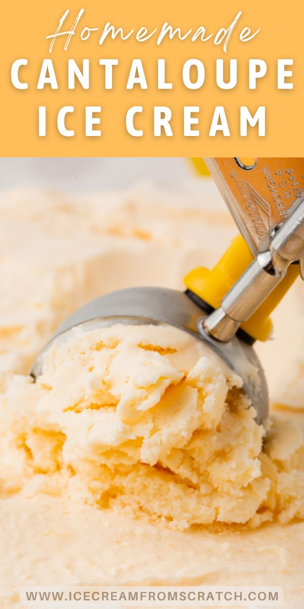 homemade cantaloupe ice cream in a bowl with a scooper on top