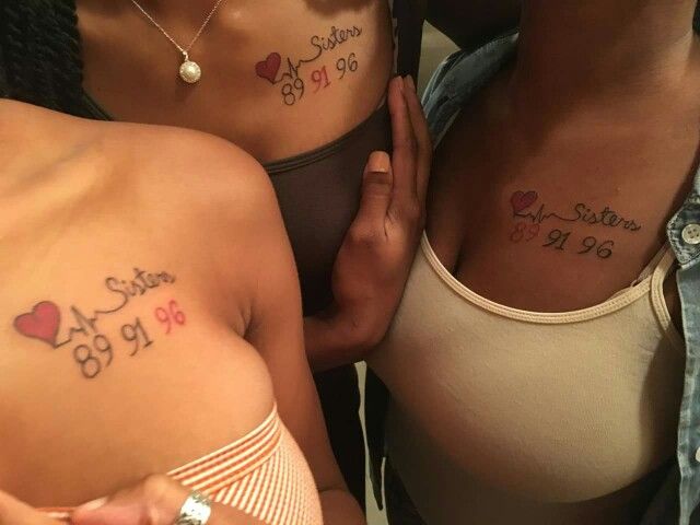 three women with matching tattoos on their chests