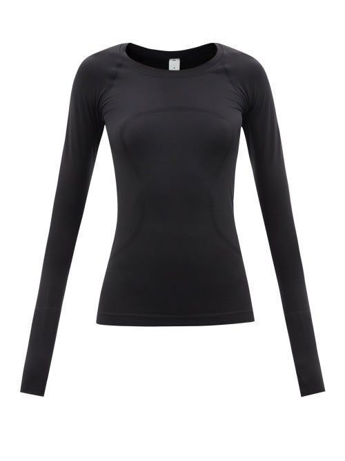 Black Lulu Long Sleeve, Lululemon Swiftly Tech Long Sleeve Black, Black Swiftly Tech Long Sleeve, Lululemon Black Long Sleeve, Black Lulu Long Sleeve Outfit, Womens Long Sleeve Athletic Shirt, Lululemon Tops Long Sleeve, Lululemon Black Swiftly Tech, Black Lululemon Shirt