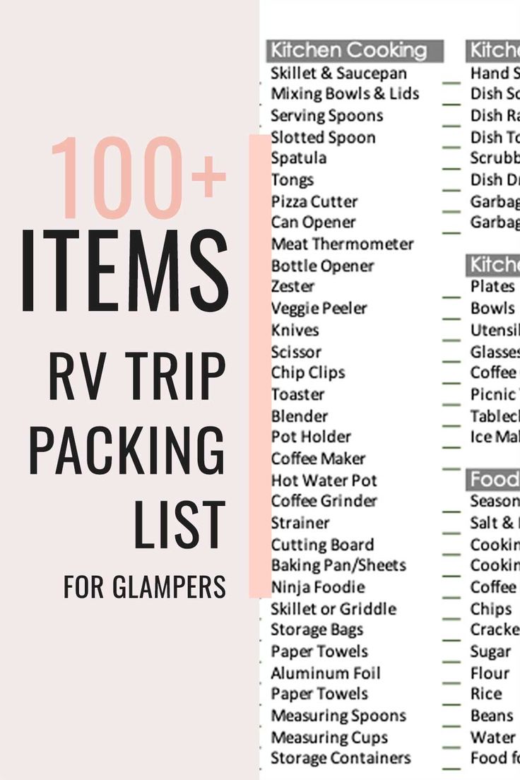 a list of items that are packed in the packing list for glamper's