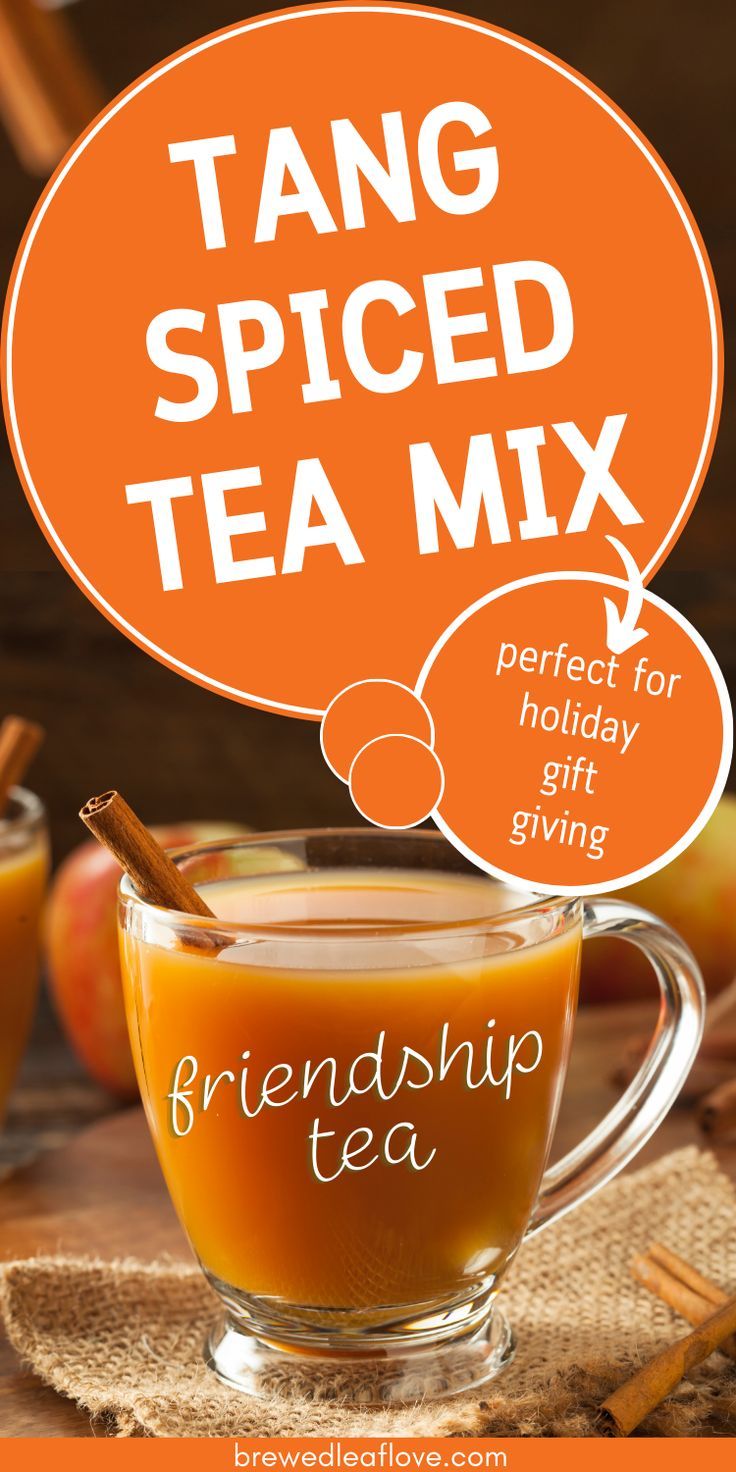 an orange speech bubble with the words tang spiced tea mix in it and two cinnamon sticks