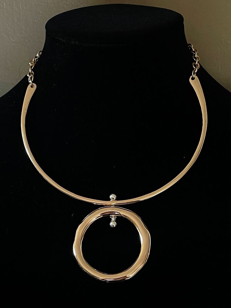 Gold Circle Pendant Necklace, Statement Jewelry, Geometric Style Necklace, Gift for Her, Choker 14" long Pendant 2" diameter Elegant Nickel Free Metal Chain Necklace, Elegant Nickel-free Metal Chain Necklace, Formal Round Metal Choker, Metal Round Choker For Party, Elegant Open Circle Metal Jewelry, Round Metal Choker For Party, Metal Choker For Party, Large Pendant Metal Necklace, Elegant Metal Necklace With Large Pendant