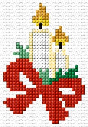 a cross stitch pattern with candles on top of each other, in red and yellow colors