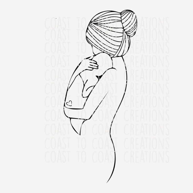 a black and white drawing of a woman holding a baby in her arms with the words coast to coast creations on it