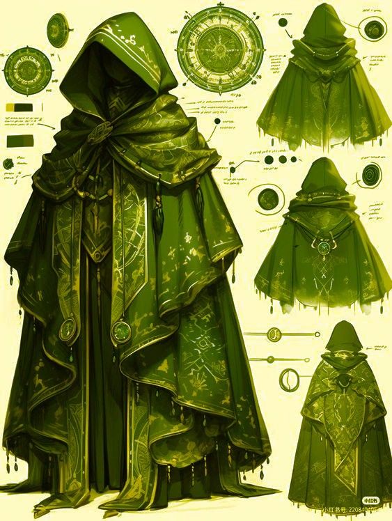 a green cloak with hoods and capes is shown in this drawing, it appears to