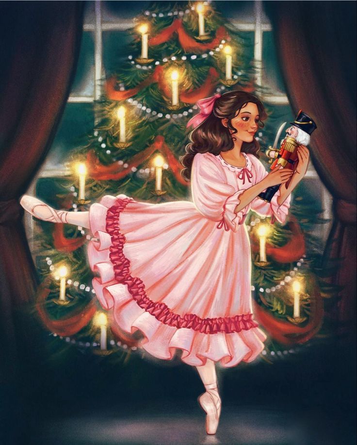 a painting of a girl in front of a christmas tree holding a teddy bear and wearing a pink dress