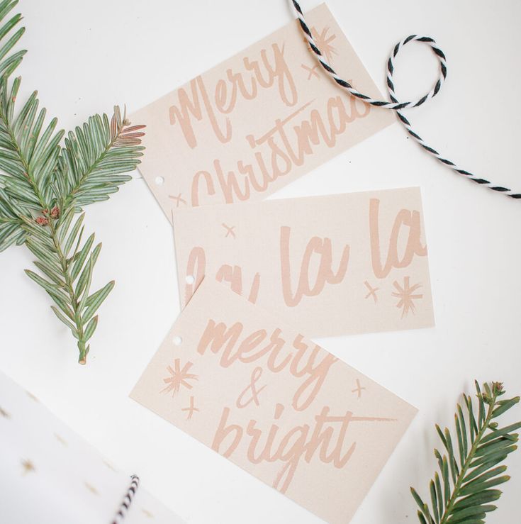 two christmas tags with pine branches and twine on white surface next to each other