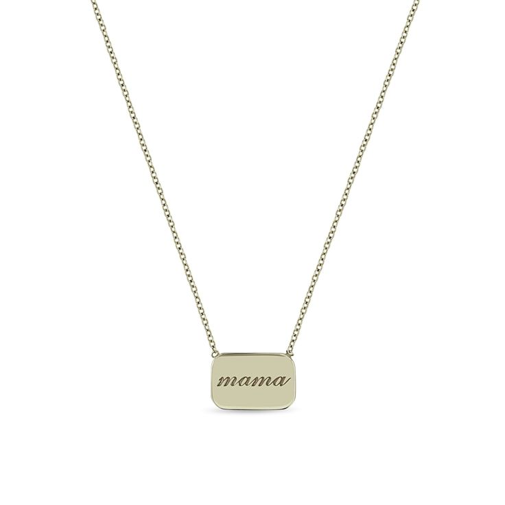 14k gold rounded rectangle disc necklace with a name of your choice engraved in lowercase script, "mama" pictured SPECIFICS • 14k tiny cable chain adjustable at 16-17-18"• pendant tag is approx. 13mm x 6.4mm• available with up to 6 characters• please note all engraving will be done in lowercase letters for this piece Classic Necklace With Engraving Option, Modern Personalized Rectangular Necklaces, Modern Personalized Yellow Gold Name Necklace, Elegant Stamped Charm Necklaces For Mother's Day, Classic Everyday Customizable Necklaces, Classic Everyday Customizable Necklace, Classic Necklace With Engraving Option For Everyday, Minimalist Engraved Rectangular Name Necklace, Classic Nameplate Necklace For Everyday