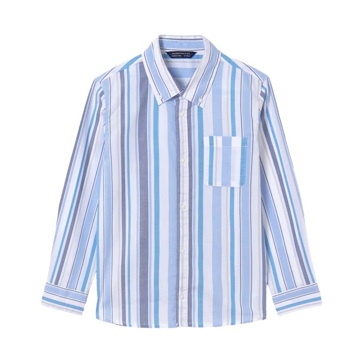 Mayoral Nukutavake Blue shirt with multi vertical stripes. Ideal for sunny days and a smart casual occasion, this long-sleeved shirt is made in lightweight, breathable cotton. 100% cotton. Blue Shirt With Horizontal Stripes For Summer, Casual Striped Yarn-dyed Shirt, Casual Blue Horizontal Stripe Shirt, Casual Blue Shirt With Horizontal Stripes, Blue Cotton Shirt With Horizontal Stripes, Casual Blue Shirt With Vertical Stripes, Blue Long Sleeve Shirt With Striped Collar, Blue Vertical Stripes Button-up Shirt, Blue Long Sleeve Tops With Vertical Stripes