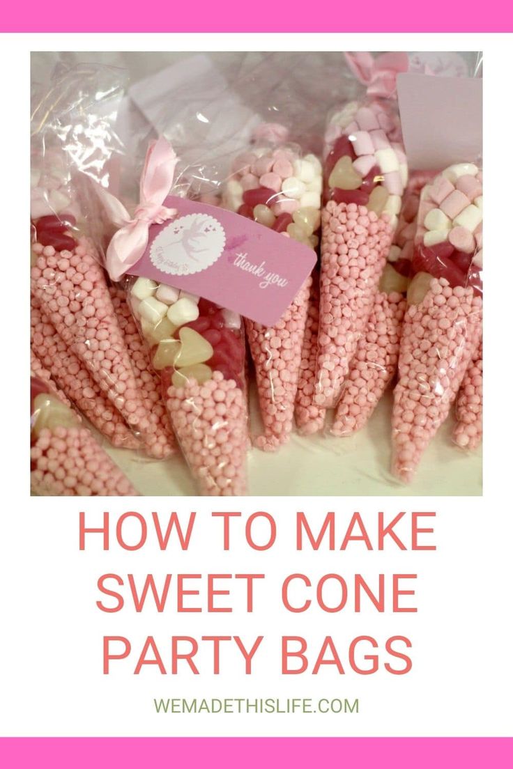 pink and white candy canes in plastic bags with the words how to make sweet cone party bags