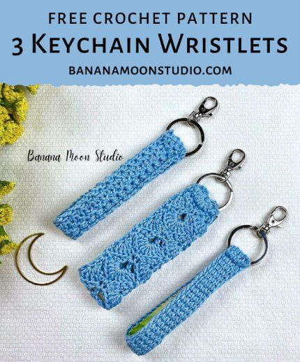 two crochet keychain wristlets are shown in blue