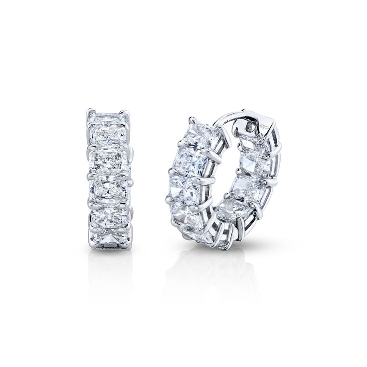 These stunning huggies are the perfect choice for a little luxurious sparkle. The average stone size is .19 carats for a total carat count of 4.16. These Radiant-Cut diamonds are precision cut by master jewelers to maximize brilliance, clarity and sparkle before being set in 18k white gold. Diamond White Single Cut Huggie Earrings Fine Jewelry, Fine Jewelry Diamond Huggie Earrings With Single Cut Diamonds, Luxury Brilliant Cut Diamond Huggie Earrings, Luxury White Gold Cubic Zirconia Huggie Earrings, Luxury Brilliant Cut Huggie Earrings For Wedding, Luxury Diamond White Diamond Huggie Earrings, Luxury Diamond White Brilliant Cut Huggie Earrings, Luxury Silver Diamond Huggie Earrings, Baguette Diamond Earrings For Anniversary