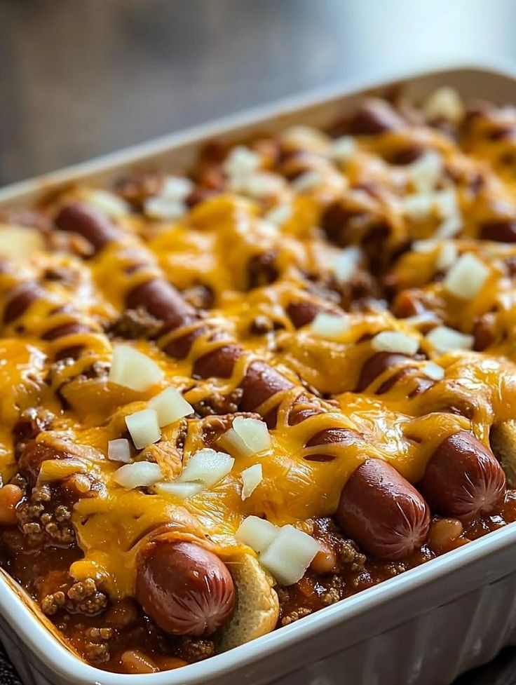 a casserole dish filled with chili cheese and hot dogs covered in toppings