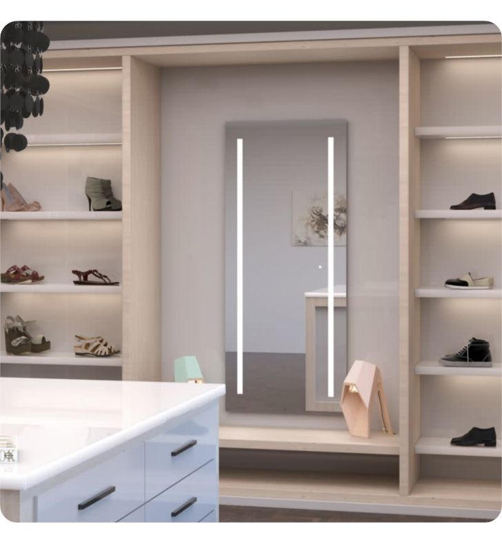 an empty walk - in closet with shoes on shelves and lights above the shoe rack