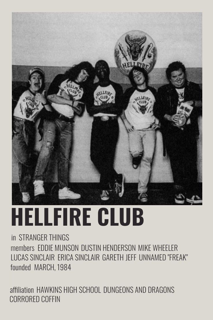 an advertisement for the hellfire club featuring five young men