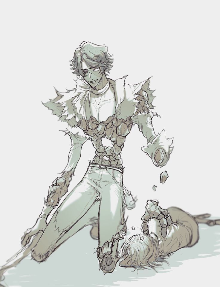 a drawing of a man in white clothes with his hands on the ground next to a dead animal