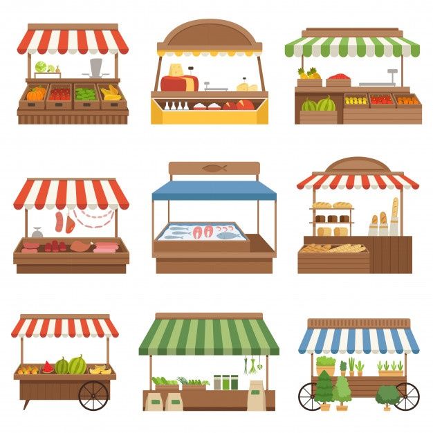 different types of food stands with awnings