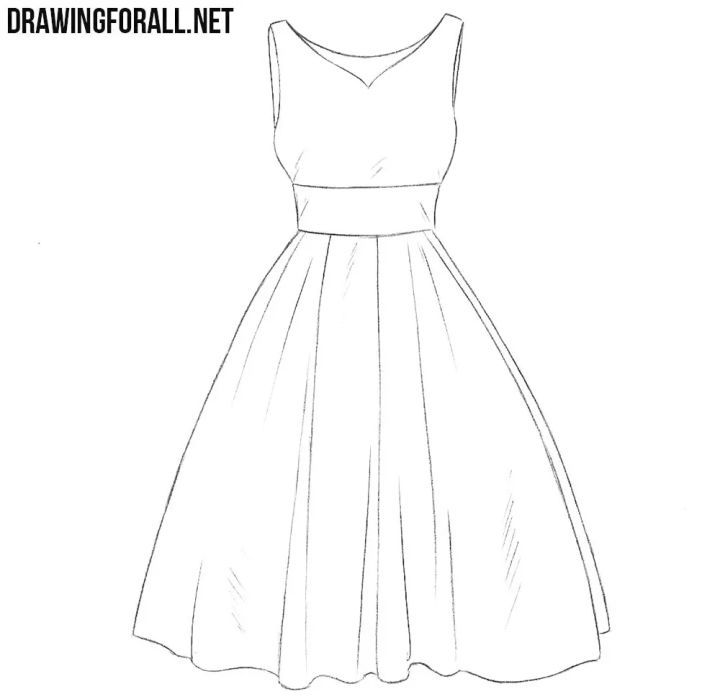 a line drawing of a dress on a mannequin neckline, with the word drawingforall net below it