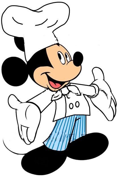 mickey mouse in chef's hat and striped pants with his arms out to the side