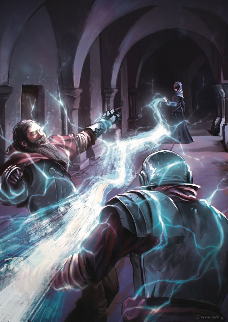 two men in armor are facing each other and one man is pointing at the lightening