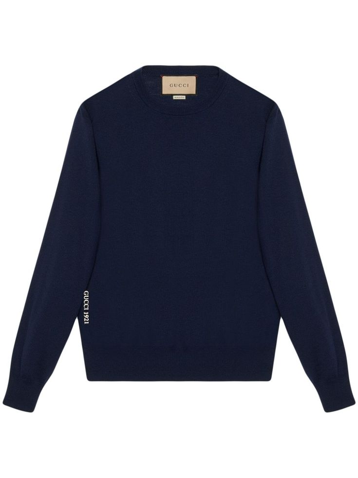 Blue wool sweater by GUCCI, characterized by crew neck, long sleeves, contrasting embroidered logo detail. This item is in size S and the color is Blue Wool Sweater, Wool Sweater Men, Gucci Brand, Knit Edge, Sweater For Men, Leather Cap, Knitwear Design, Knit Crewneck, Mens Crew Neck