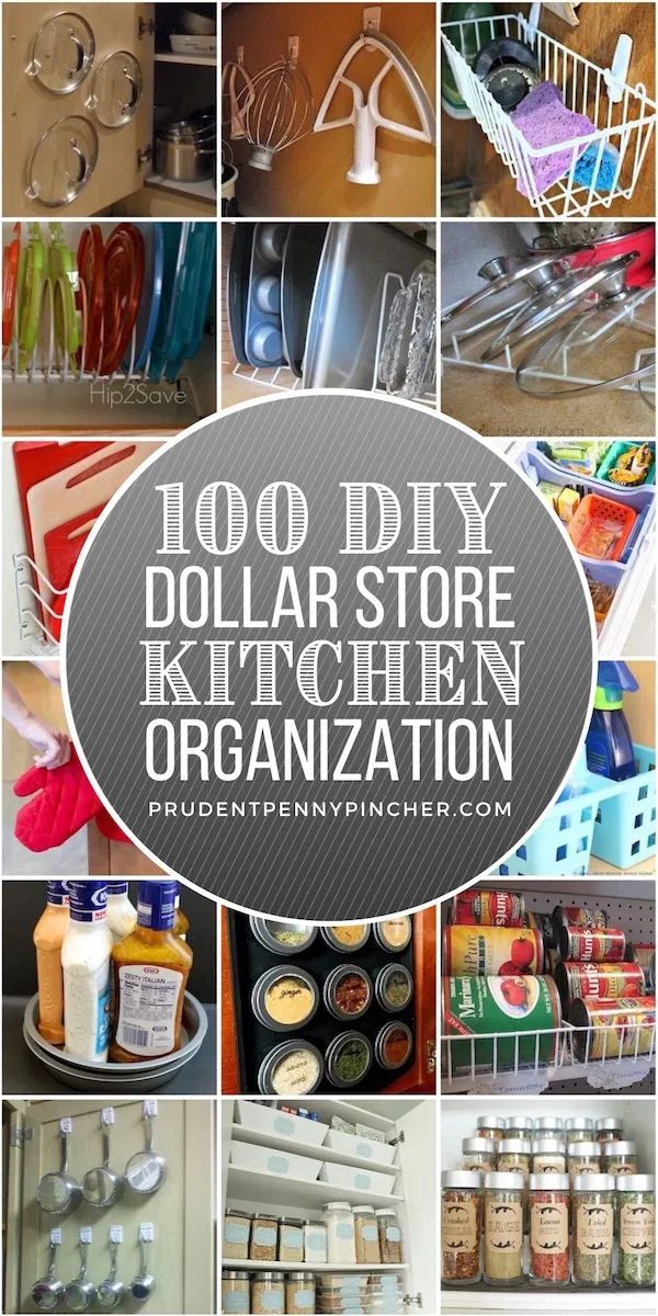 the top ten dollar store kitchen organization items in this collage are organized and labeled