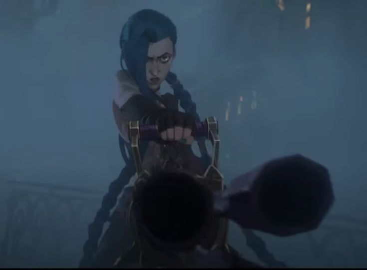 an animated image of a man with blue hair pointing at something in front of him